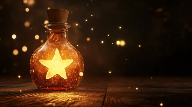 Enchanted potion bottled star on wooden table