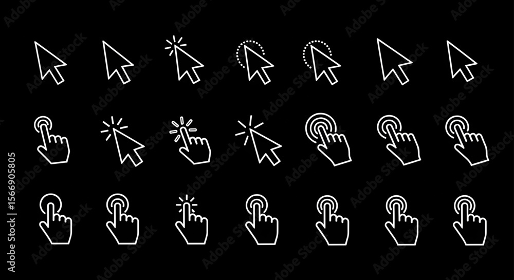 Poster Cursor Set with Arrows and Hand Pointers | Collection of White Icons for User Interface Design, Website Navigation and Digital Presentations