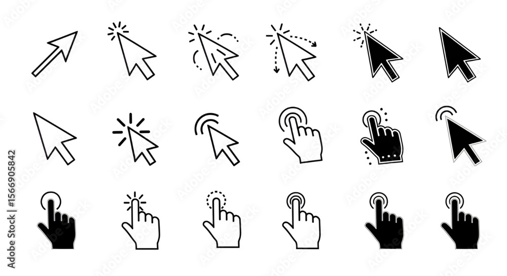 Poster computer mouse cursors collection | minimalist set of arrows, hand clicks, and pointers for ui desig