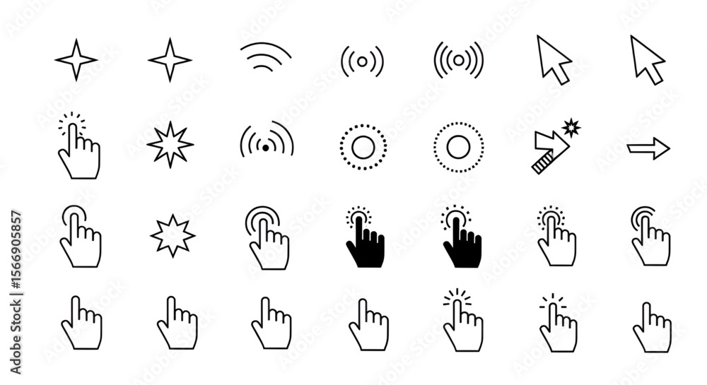 Fototapete Cursor and Hand Pointer Click Icons Set | Collection of Computer Mouse Arrows, Hand Gestures, and Starburst Symbols for UI/UX Design and Web Development