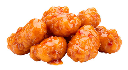 A mouthwatering pile of boneless chicken wings coated in a sweet and spicy sauce.