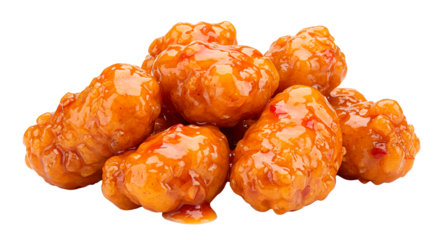 A mouthwatering pile of boneless chicken wings coated in a sweet and spicy sauce.