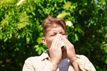 Young man with paper tissue suffering from seasonal pollen allergy near blossoming tree on spring...