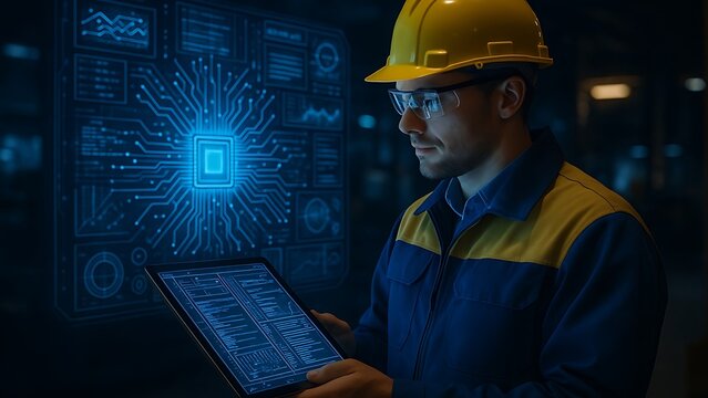 Engineer wearing hard hat and safety glasses uses tablet with futuristic digital interface