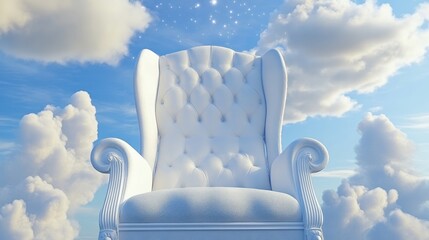 Elegant white throne chair amongst the clouds.