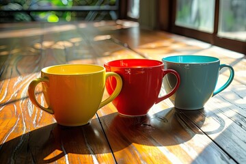High Definition Picture of Four Colorful Coffee Cups on Wooden Floor in Luxury Coffee Shop