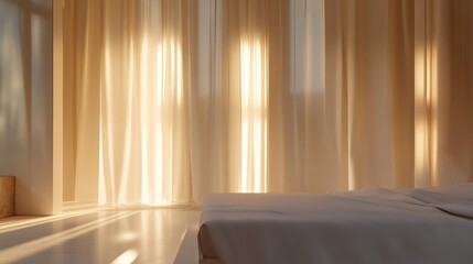 Sunlight streams through sheer curtains into a bedroom.