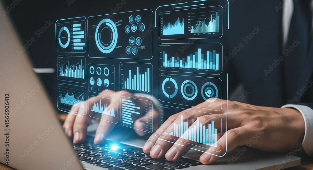 Poster analyzing data insights with business intelligence dashboard on laptop for financial analysis and st