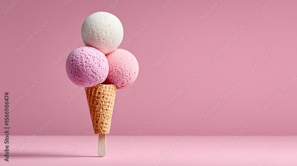 Aufkleber cone of ice cream with three different flavors of ice cream in it. the cone is on a pink background