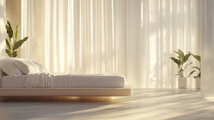 A minimalist bedroom with natural light and simple furnishings.