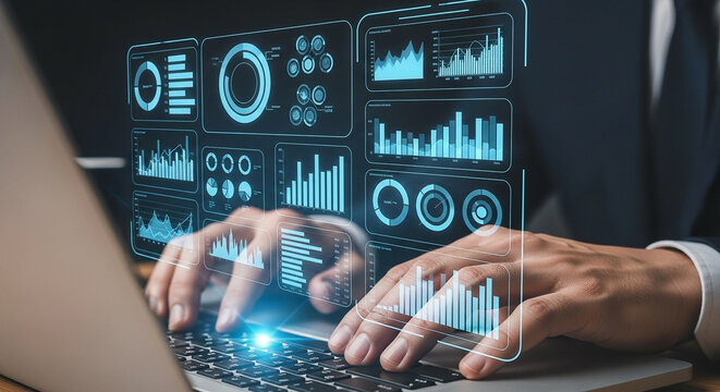Analyzing data insights with business intelligence dashboard on laptop for financial analysis and strategy