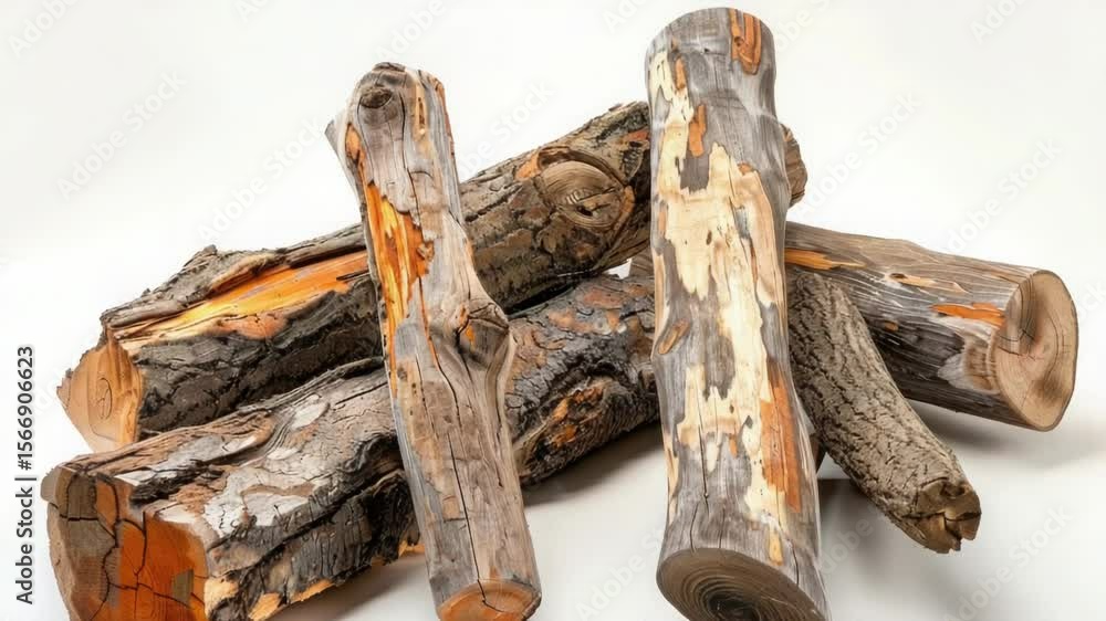 Poster a stack of wood logs or planks resting on a white background, suitable for use as a prop in various 
