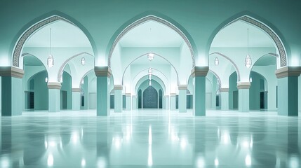 Spacious mosque interior with arches and light fixtures.