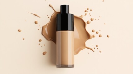 Light beige foundation bottle with splashing liquid.