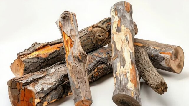 A stack of wood logs or planks resting on a white background, suitable for use as a prop in various settings