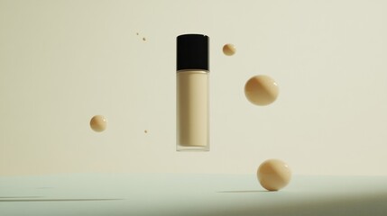 A light beige liquid foundation bottle with droplets.