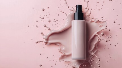 Light pink cosmetic bottle amidst a splash of product.