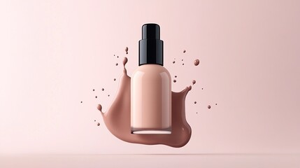Beige liquid foundation bottle with splash.
