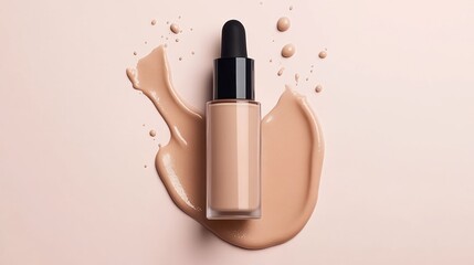 Beige foundation product displayed on a pastel background.