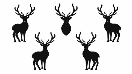 Deer Silhouettes, Black and White Vector Illustration of Five Reindeer