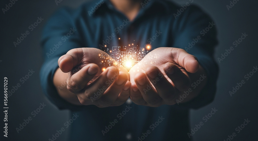 Poster man holding digital technology innovation in hands future ai and iot development concept design