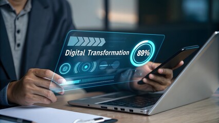 Digital transformation change management, internet of things. New technology big data and business process strategy, automate operation, digitalization technology concept with progress bar.