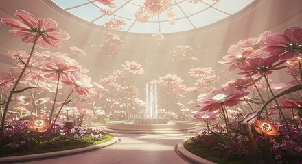 A luminous interior scene filled with large, stylized pink flowers and a fountain.