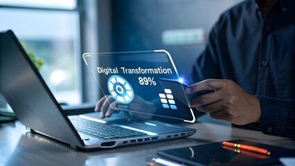 Digital transformation change management, internet of things. New technology big data and business process strategy, automate operation, digitalization technology concept with progress bar.