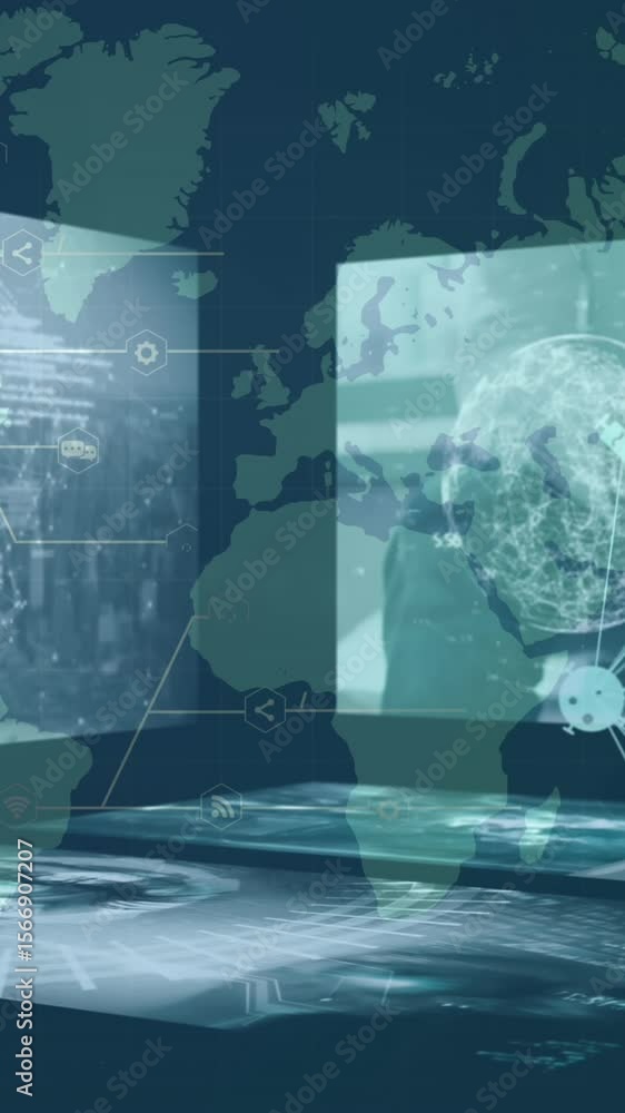 Poster animation of network of connections with icons over data processing and world map