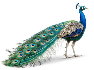A vibrant peacock standing gracefully with its iridescent feathers displayed on a white background