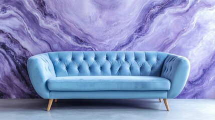 Light blue sofa against a purple marbled wall.
