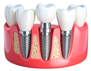 Educational Diagram of Tooth Implant Inserted between Teeth with Red Swollen Gums, isolated on a transparent background