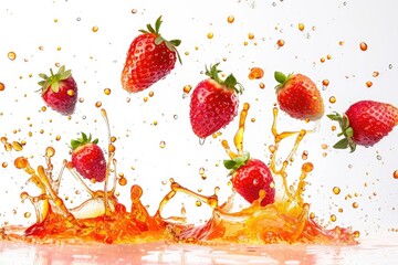 Ripe Strawberries Flying and Splashing Juice Isolated on White Background