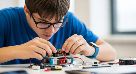 Teenager building a robot science project diy electronics stem education robotics engineering learning at home