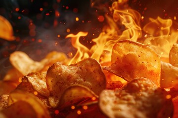 High Definition Image of Spicy Potato Chips with Fire Background