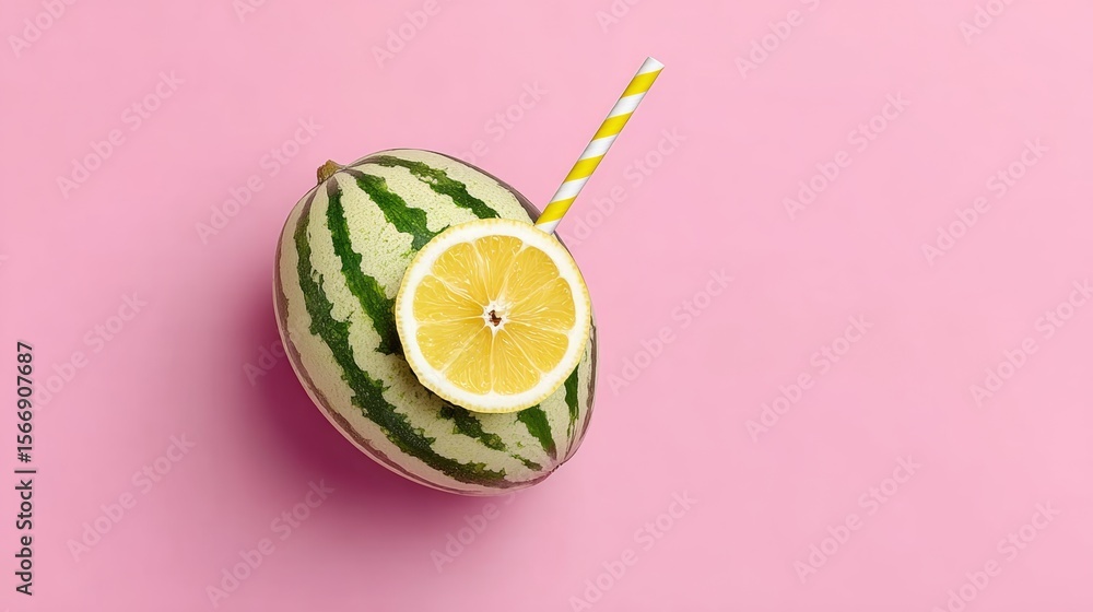 Poster watermelon with a slice of lemon on top is placed on a pink background. the lemon slice is positione