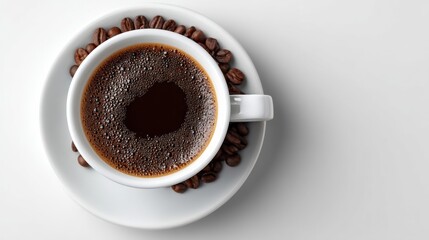 Fototapeta premium White coffee cup filled with dark coffee and topped with a pile of coffee beans. The cup is sitting on a white table, creating a cozy and inviting atmosphere