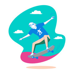 Young man in blue shirt and cap skateboarding with clouds isolated on transparent background