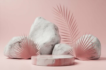 Pastel pink round marble podium for product presentation in front of white rocks and pink coloured tropical leaves.