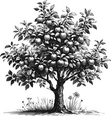 Branching Abundance: A Tree Full of Apples apple tree vintage linework ink sketch hand drawn pen drawing plant vector illustration background