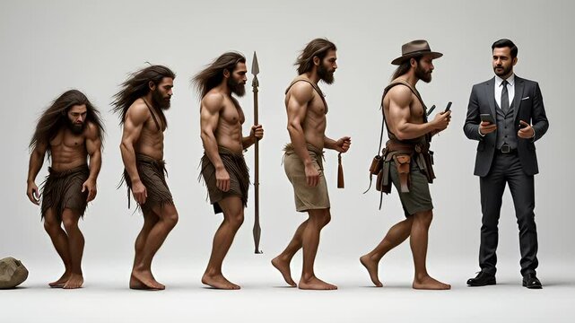 Evolution of man from caveman to modern businessman using smartphone, conceptual progression