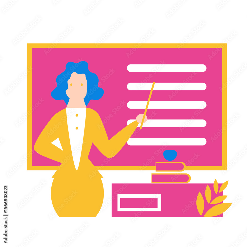 Poster teacher with pointer and books at a pink blackboard isolated on transparent background