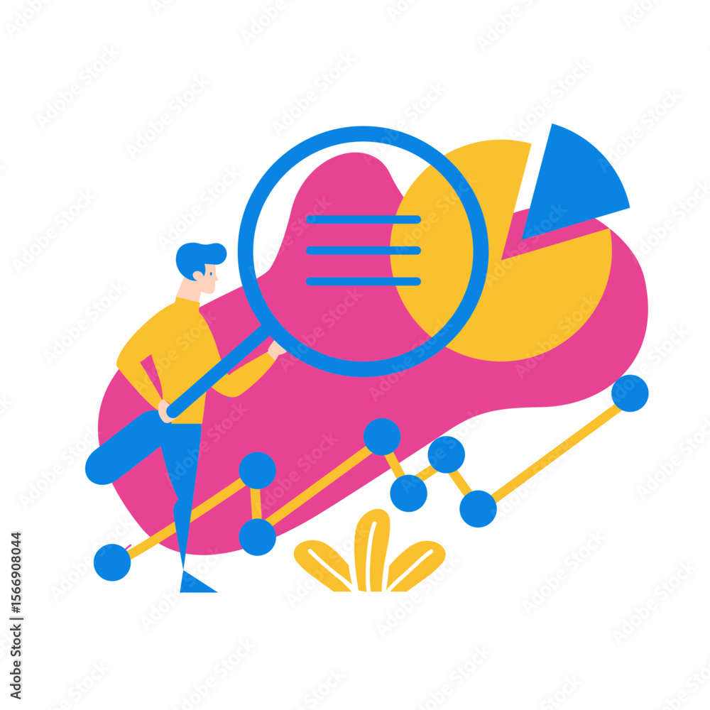 Aufkleber man with magnifying glass analyzing financial data and pie chart isolated on transparent background