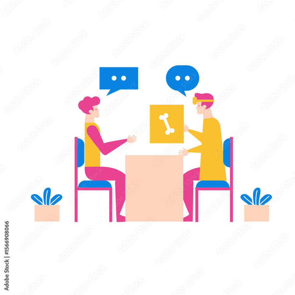 Poster two people discussing ideas at a table with a bone icon isolated on transparent background