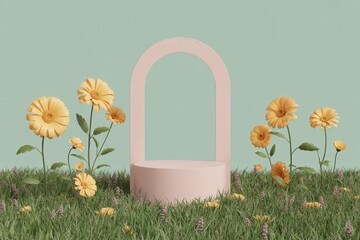Blank product display podium with summer flowers field meadow on background. Beauty skincare cosmetics presentation. Organic natural concept.