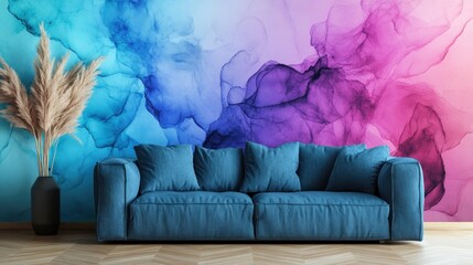 Modern living room with a vibrant wall mural.