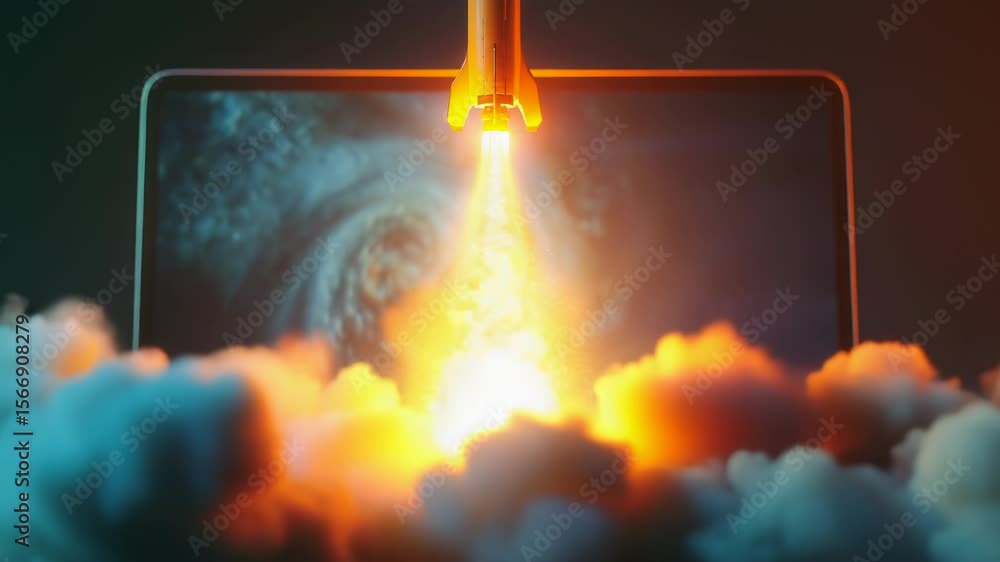 Poster a futuristic laptop computer showing a rocket launch simulation
