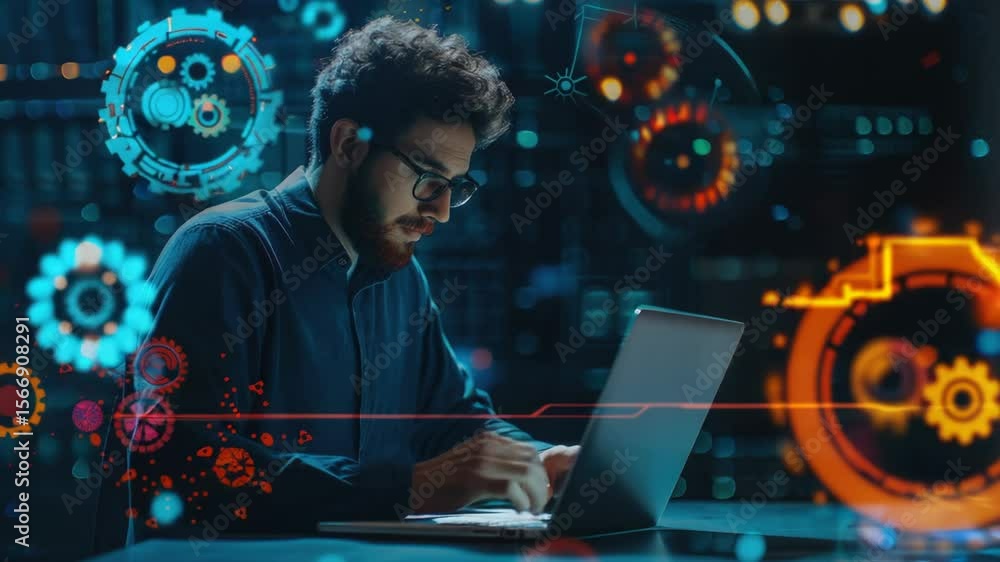 Poster A person sitting at a desk with a laptop and possibly doing work or studying
