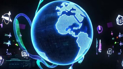 . Futuristic holographic digital globe spinning with streaming data flows. Global connectivity concept for 2025 innovative virtual technology background.

 - Powered by Adobe