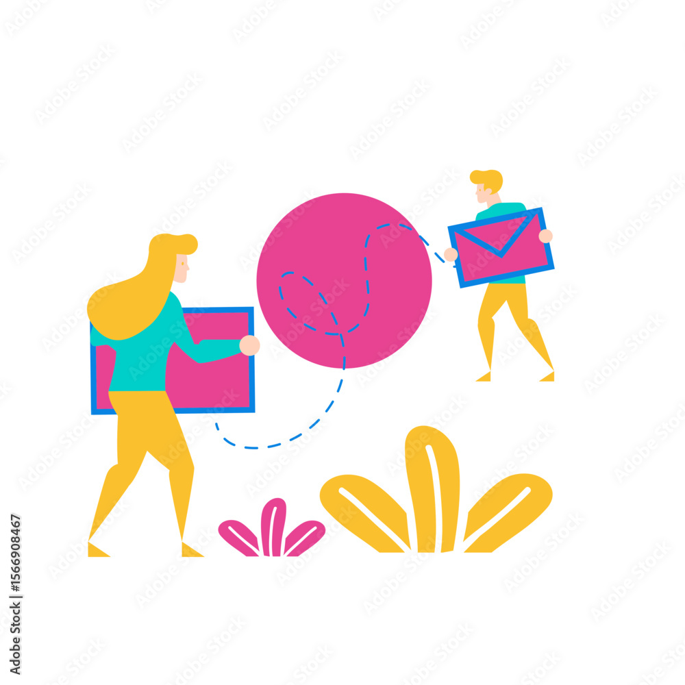 Aufkleber two people interacting with a large pink circle and sending messages isolated on transparent backgro